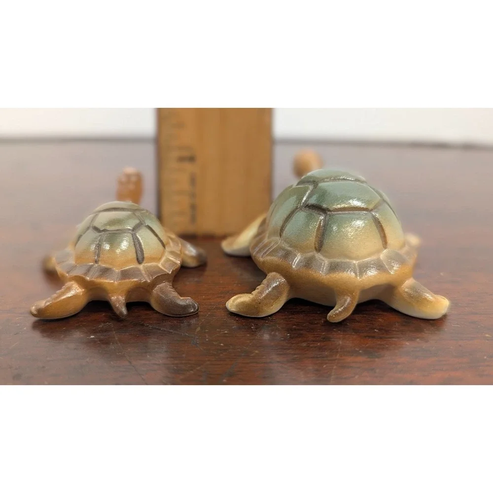 Vintage Pair Miniature Ceramic Turtle Figurines Green Brown Tortoise Decor